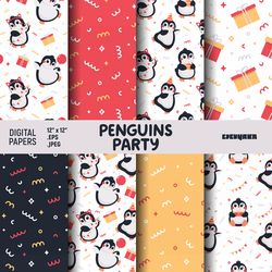 penguin party digital paper, birthday digital paper, penguin seamless pattern, birthday seamless pattern