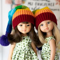 Striped rainbow elf hat for Paola Reina doll, Meadowdolls Dumplings, Little Darling, Siblies RRFF for St Patrick's Day