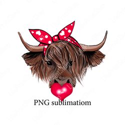 Highland cow with red bandana Cow sublimation digital Love cow png Heifer with heart bubble gum Instant download