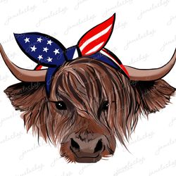 highland cow with usa flag bandana highland cow sublimation cow bandana png 4th july heifer usa bandana instant download