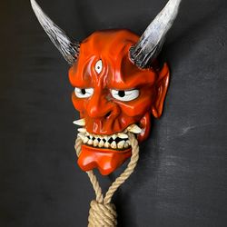 Japanese Red Oni Mask, Wearable Samurai mask, Wall mask, Oni mask, Kabuki mask, Noh mask, Resin hannya mask for cosplay