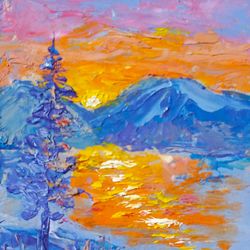 mountain landscape sunset original art impasto oil painting small art 2.5 by 3.5 inches