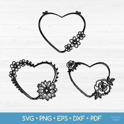 3 Floral Heart Shaped Frames SVG, Wedding Frames SVG PNG DXF EPS PDF