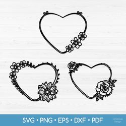 3 floral heart shaped frames svg, wedding frames svg png dxf eps pdf
