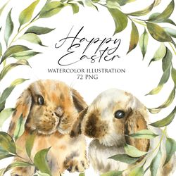 Watercolor Easter Bunny Clipart. Hand painted egg, cute rabbit animal and floral decor clip art. Happy Easter card