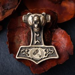 Thor hammer pendant on black leather cord. Mjolnir viking necklace with bear head and rune. Massive pagan jewelry man