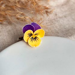 Pansy yellow purple flower ring, Valentines day gift, Pansy jewelry