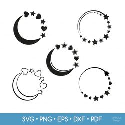 5 Circle Frames with Hearts and Stars SVG Bundle - Half Moon with Hearts SVG