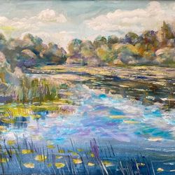 Painting "The river going into the fores", landscape painting with acrylic on canvas, beautiful views of nature.