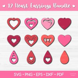 12 Heart Earrings Bundle SVG Cut Files - Valentine's Day Jewelry Template - Heart Pendant Template - Love Earrings SVG
