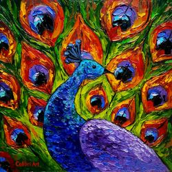 Peacock Painting Bird Original Art Animal Painting Impasto Colorful Wall Art Rainbow Small Art 12" x 12" By Colibri Art