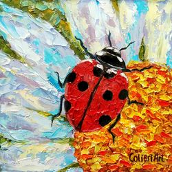 Ladybug Painting Daisy Original Art Animal Flower Painting Floral Small Art Insect Colorful Art 8" x 8" By Colibri Art