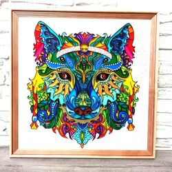 Totem animal wolf art Stained glass original painting Abstract rainbow animal