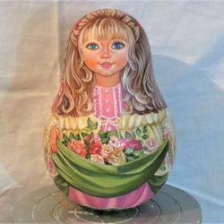 Russian music tilting toy Nevalyashka - Roly-poly beautiful girl with roses flowers wooden ringing doll art painted