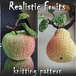 Realistic fruits knitting pattern, pear and apple interior and farmhouse decor, three-dimensional panel for wall decor