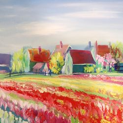 Spring fields with colorful tulip flowers. original painting.