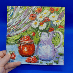 Bouquet Painting Daisies Poppies Art Strawberry Original Painting Vase Summer Still Life Original Artwork