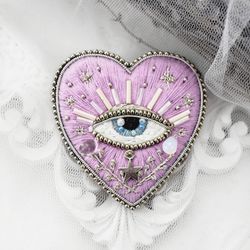 Evil Eye Pin | Pink  Witch Heart Brooch |Sacred heart pin| embroidery beaded heart pin| Magic heart brooch |Witchcraft