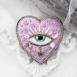 evil eye pin | pink  witch heart brooch |sacred heart pin| embroidery beaded heart pin| magic heart brooch |witchcraft