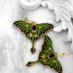 Luna Moth Jewelry.  Earrings with stone grenade. Butterfly earrings. Gift for her.Polymer clay earrings