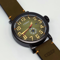 Brand New Men's quartz watch Sever Big Dial Green Khaki made in Russia date days