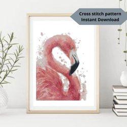 Flamingo cross stitch pattern, Pink bird cross stitch pattern, Watercolor embroidery, Instant download, Digital PDF