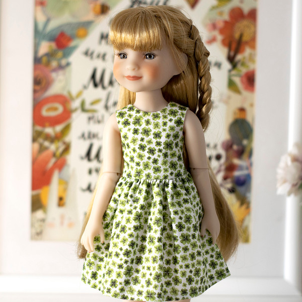 American Ruby Red Fashion Friends doll in a green clover dress for St. Patrick's Day