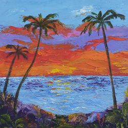 palm trees painting floral original art impasto oil painting small art 6 by 6 inches