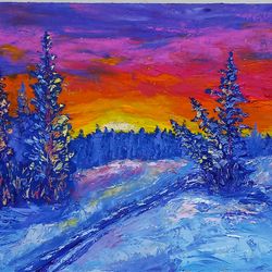 winter trees painting floral original art impasto oil painting small art 6 by 8 inches