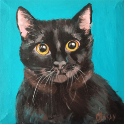Cat Original Painting Animal Oil Art Black Cat Wall Art by OlivKan