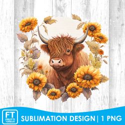 Highland Cow Sublimation Design - Watercolor Sunflowers PNG, Watercolor Farm Animals Sublimation PNG, Country Western
