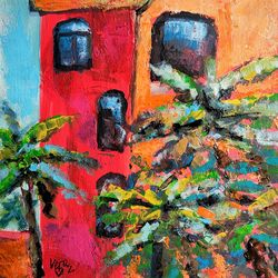 Colorful Mexican House Original Oil Painting Mexico Painting Original Art Mexican Cityscape Small Impasto Painting 8 x 8