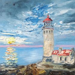 lighthouse in oil, landscape in oil paints,lighthouse on the seashore, clouds over the sea,sea in oil, sun,sea