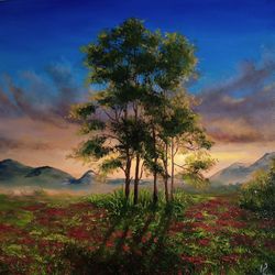 Mountain Painting Mountain Landscape Wall art Sunrise in the mountains Original Oil painting canvas 16x16 inch Artwork