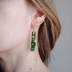 Single cyberpunk earring recycled Green circuit board earring Second life electronics Eco-friendly computer earring