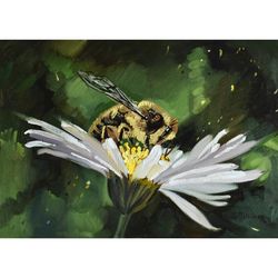 Bee painting Honeybee Original Art 10 by 14 Daisy wall art White Daisies artwork Bumblebee art by Natalia Plotnikova