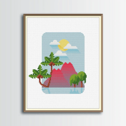 paradise island cross stitch pattern, mountains cross stitch, digital pdf