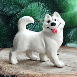 figurine samoyed ceramics handmade, white husky statuette porcelain