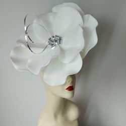 White bridal fascinator mirror flower wedding accessory Kentucky Derby Hat Church Hat custom hat design fashion 2023