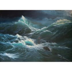 Stormy Night Seascape Oil on canvas Original Painting  27,5x19,7in