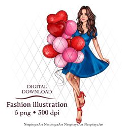 INSTANT DOWNLOAD. Cartoon print of a fashion girl with  balloons in PNG format, different hair colors and skin colors