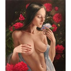 Original oil on canvas painting Naked woman with flowers FLORA 19,7x27,5in
