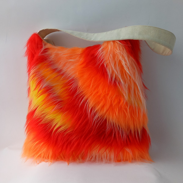 Fluffy rainbow tote bag. Rave multicolor festival handbag.