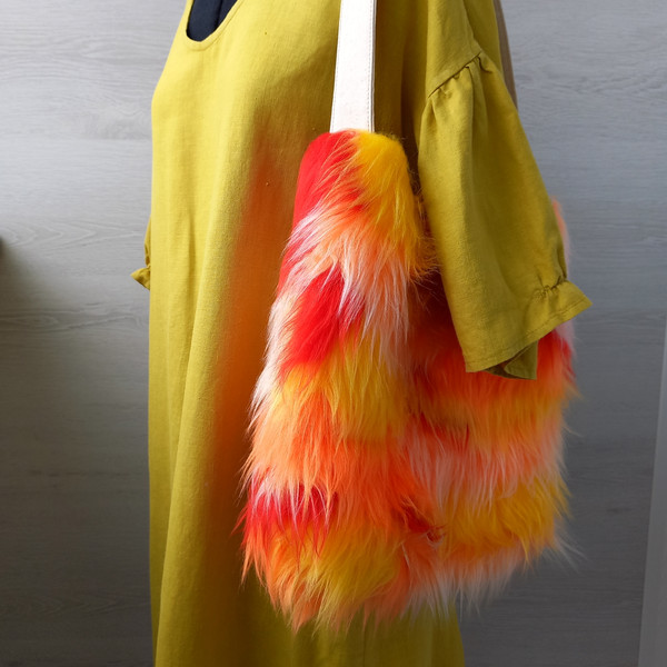 Rainbow fur boho bag, shaggy hippie bag.