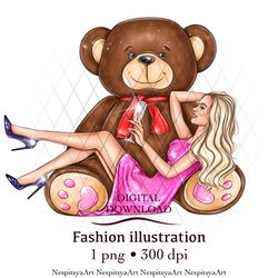 INSTANT DOWNLOAD. Cartoon print of a fashion girl with a glass of champagne in PNG format