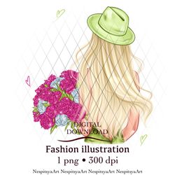 INSTANT DOWNLOAD. Cartoon print of a fashion girl with a bouquet of peonies and a hat in PNG format