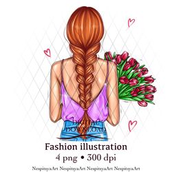 INSTANT DOWNLOAD. Cartoon summer print of a fashion girl in PNG format, different hair colors, different skin color