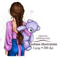INSTANT DOWNLOAD. Cartoon print of a fashion girl with a teddy bear in PNG format, different hair colors and skin colors