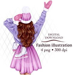 INSTANT DOWNLOAD. Cartoon new Year's print with a fashion girl in PNG format, different hair colors