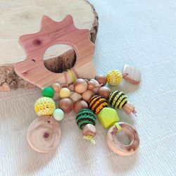 Juniper wood rattle toy Hedgehog, Natural Baby toys for newborn, Baby Sensory toys, organic chew toys, Wooden Ring toy